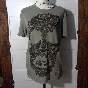 Bolongaro Trevor Women's Grey/Green T-Shirt with Butterfly Skull Design (Size S)